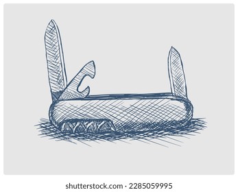 folding pocket knife multi-tool sketch obsolete blue style vector illustration. Old hand drawn azure engraving imitation.