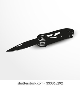 Folding pocket knife. Vector illustration. Black and white view.