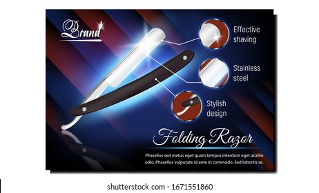 Folding Razor Barber Tool Advertise Poster Vector. Dangerous Iron Razor Instrument. Stylish Design, Effective Shaving And Stainless Steel. Hairdresser Barbershop Equipment 3d Illustration