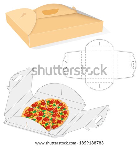 Folding Ready Tray with 3D Die-stamping. Retail Favor Box with Pizza. Die Cut Template. 
Restaurant Takeaway, Meal Wrap, Snack Packing, Lunch, Diner Leftovers. Vector Image on Transparent Background.