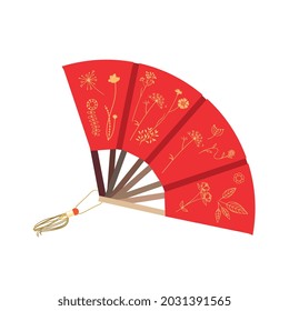 Folding red fan for the face. Traditional red and gold. Asian culture. Vector image in a flat style on a white background.