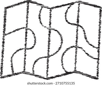 Eine faltbare Straßenkarte in skizziertem Stil mit Falten und abstrakten Routen.