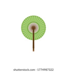 Folding round asian green fan icon, flat cartoon vector illustration isolated on white background. Chinese or japanese women traditional costume element.