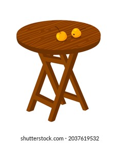 Folding round garden table with little yellow apples. Fall season, autumn vibes. Outdoor wooden furniture. Hand-drawn isolated vector illustration.