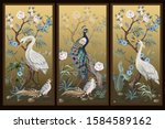 Folding screen in chinoiserie style with peacock and peonies on golden background. Vector. 