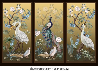 Folding screen in chinoiserie style with peacock and peonies on golden background. Vector. 