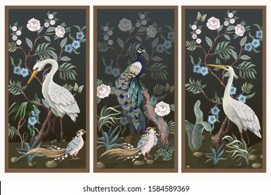 Folding screen in chinoiserie style with peacock and peonies. Vector. 