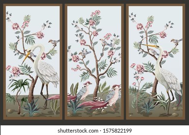 Folding screen in chinoiserie style with storks and peonies. Vector. 