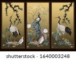 Folding screen in chinoiserie style with white cranes. Vector.