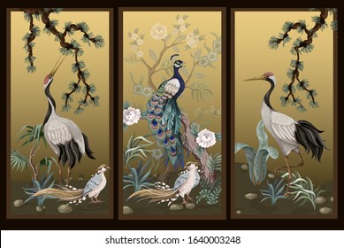 Folding screen in chinoiserie style with white cranes. Vector.