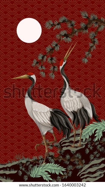 Folding screen in chinoiserie style with white\
cranes. Vector.