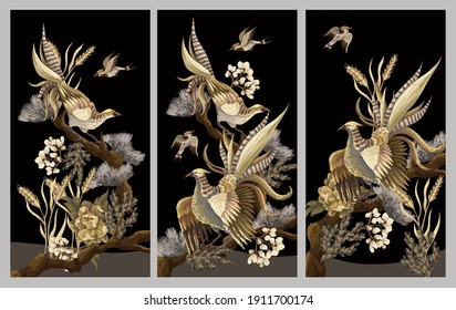 Folding screen with golden pheasants, birds and flowers. Japanese textile embroidery