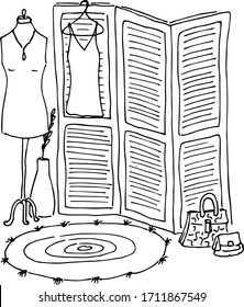 Folding screen isolated on white background. Vector. white dressing room screen. wooden louver screen (partition) of three doors. Mannequin, dress on a hanger, bag, hand-held clutch, rug with tassels.