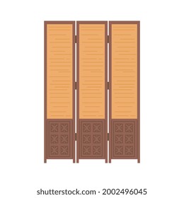 Folding screen or wooden room partition, flat isolated vector illustration on white background. Foldable retro three-part room interior divider made of wooden sticks.