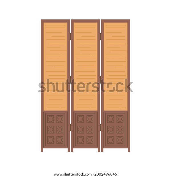 Folding screen or wooden\
room partition, flat isolated vector illustration on white\
background. Foldable retro three-part room interior divider made of\
wooden sticks.