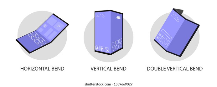 Folding screens types, flexible display set, modern technology concept. Foldable mobile phone flat vector illustration. A smartphone with ability to bend the screen and make a phone out of the tablet