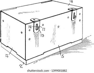 Folding Shipping Crate used to ship items and usually a large container made out of wood and transported on large ships or planes, vintage line drawing or engraving illustration.