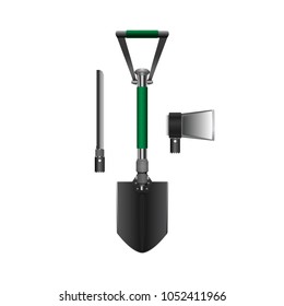 ?amping folding shovel with green handle. Included nozzles. Vector