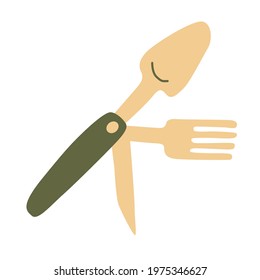 Folding spoon, fork and knife for traveling and tourism. Hand drawn flat vector illustration isolated on white background. Camping equipment.