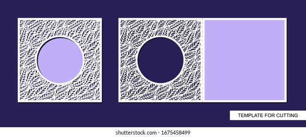 Folding square card with round hole. Lacy botanical pattern of leaves. Cutout silhouette.  Save the date. Openwork template for laser cutting, cardboard,  paper cut, printing. Copy space. Vector image