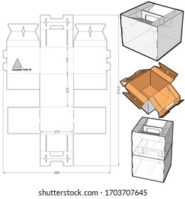 Folding Stackable Box With Handle and Die-cut Pattern. The .eps file is full scale and fully functional. Prepared for real cardboard production. The .eps file is full scale and fully functional.