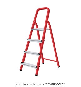 A folding step ladder with a red frame and metal steps isolated on a white background. Vector illustration.