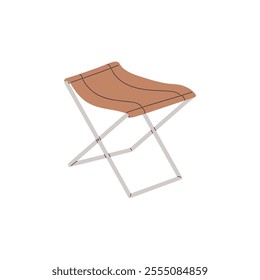 Folding stool icon. Fabric foldable chair for camping during hiking. Picnic seat for travel in nature. Trekking tool for halt, rest while journey. Flat isolated vector illustration on white background