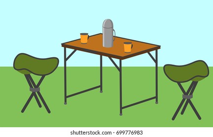 Folding stools and a table. Camping. Thermos and mugs. Vector illustration.