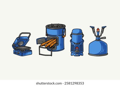 folding stove firebox, furnace with firewood, stove tube shape with pot, gas cylinder stove with holder portable colorful doodle illustration vector element design set for camping, outdoor, adventure