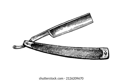 Folding straight razor. Ink sketch isolated on white background. Hand drawn vector illustration. Vintage style stroke drawing.