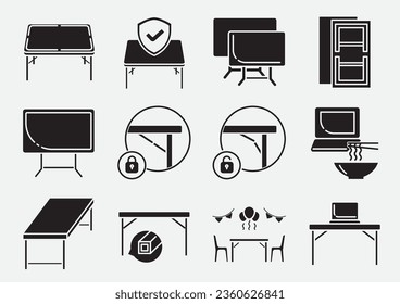 folding table glyph icon set with benefits. table top strength with wood and steel material ,steel bar made for leg.Using in many events. 