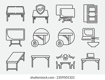 folding table icon set with benefits. table top strength with wood and steel material ,steel bar made for leg.Using in many events. 