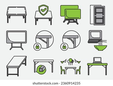 folding table icon set with benefits. table top strength with wood and steel material ,steel bar made for leg.Using in many events. 