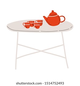 Folding Tea Table with Red Cups and Teapot Vector Illustration