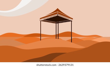 folding tent in the desert, flat color illustration