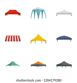 Folding tent icon set. Flat set of 9 folding tent vector icons for web design