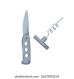 Folding travel knife and corkscrew. Camping equipment and utensils for cooking and opening drinks. Isolated vector illustration on white background.