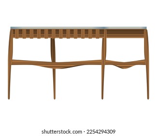 Folding wood table three-quarter view in realistic style. Turquoise table top. Home wooden furniture design. Colorful vector illustration on a white background.