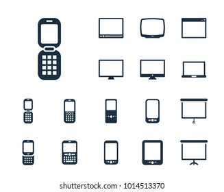 Fold-out telephone with keyboard in set on the white background. Set of thin, linear and modern electronic equipment icons. Universal linear icons to use in web and mobile app