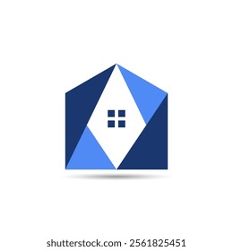 The folds form a blue house logo isolated on a white background.