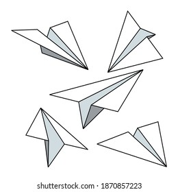 folds a paper airplane, to the top right and bottom left