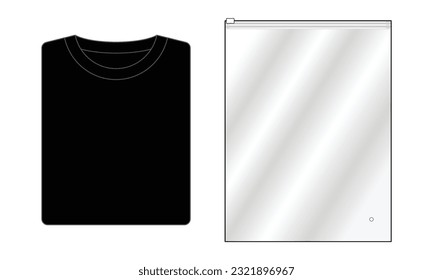 Camiseta negra doblada y bolsa de bloqueo de plástico transparente sobre fondo blanco, archivo vectorial