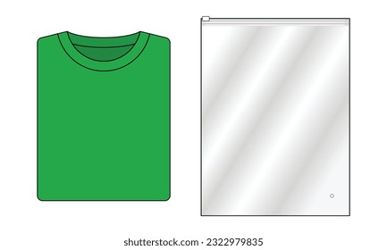 Foled green t-shirt and clear plastic zip lock bag template on white background, vector file