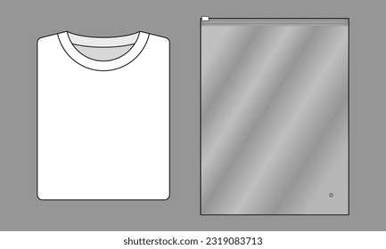 Camiseta blanca doblada y bolsa de bloqueo cremallera de plástico transparente sobre fondo gris, archivo vectorial