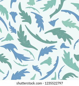 Foliage All Over Print Vector. Tossed Leaves Seamless Repeating Pattern in Folk Art Style on Light Background. Hand Drawn Jungle Foliage for Wrapping Paper, Wallpaper, Stationery, Teal Blue Packaging.