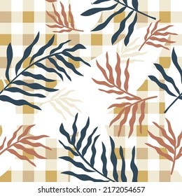 Foliage, autumn flowers. Botanic theme, garden. Vector seamless pattern. Beautiful colors and shapes. Beige, brown. Ideal for fabric print. Background, backdrop. Texture foral surface design.