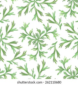 Foliage background. Green leaves seamless pattern. Watercolor painting - vector