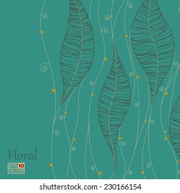 Foliage background Vector of abstract leaves and waving grass or flowing water. White space on left side, dark background. For greeting card, cover design etc. eps10