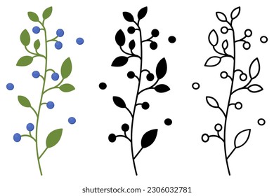 Foliage berry branch floral icons. Berries icons in different style. Berries icons set. Floral nature botanical elements. Vector illustration