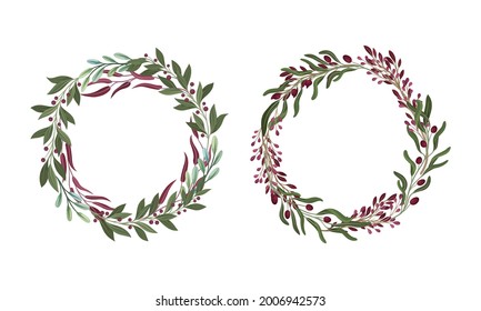 Foliage and Berry Twig Arranged in Floral Wreath Vector Set